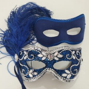 MASCARA CASAL AZUL PRATA FESTA LUXO