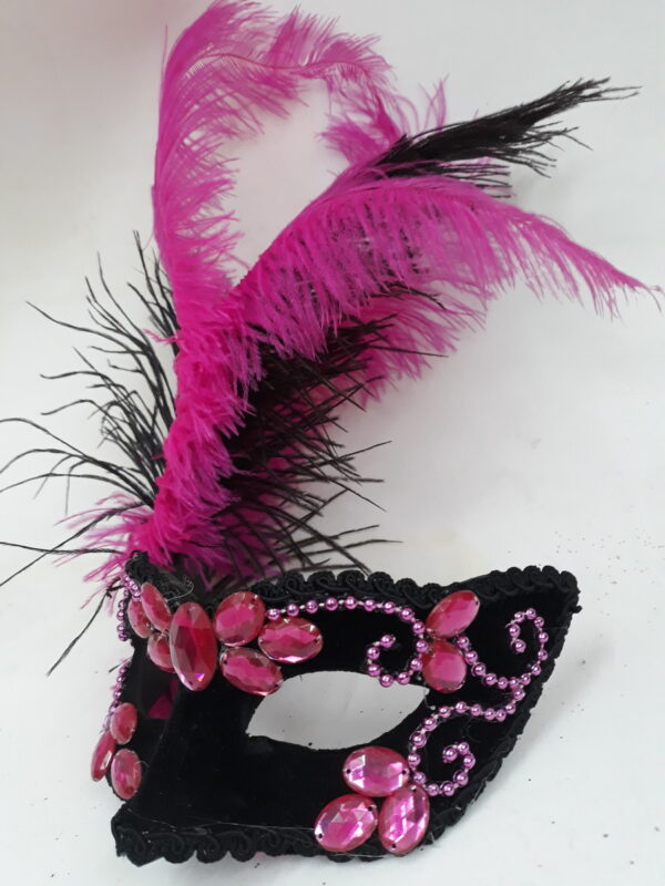Máscara colombina preta pink festa luxo bordada plumas - Imagem 3