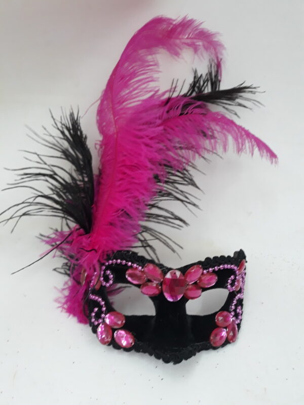 Máscara colombina preta pink festa luxo bordada plumas - Imagem 2