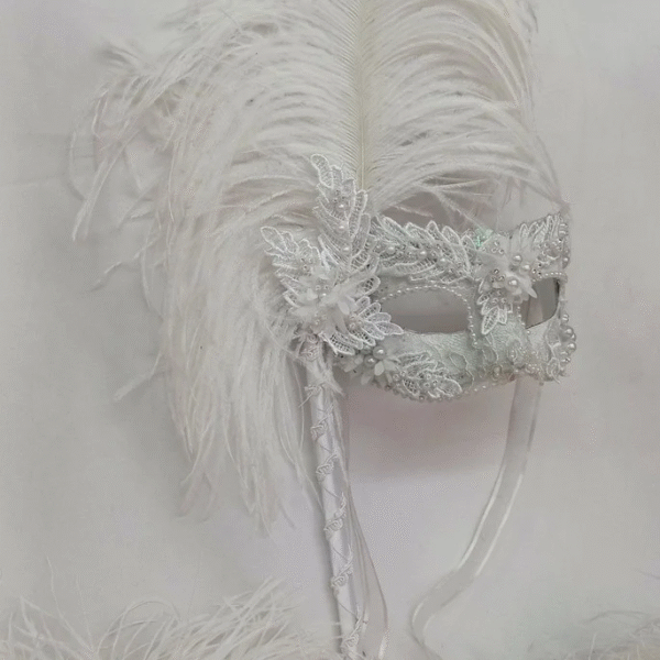Mascara Colombina Branca Haste Plumas Luxo Festa - Imagem 5