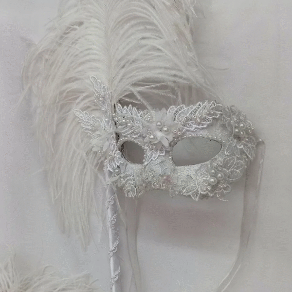 Mascara Colombina Branca Haste Plumas Luxo Festa - Imagem 4