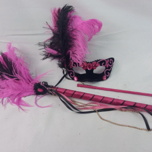 Máscara BELA preta pink haste leque luxo festa