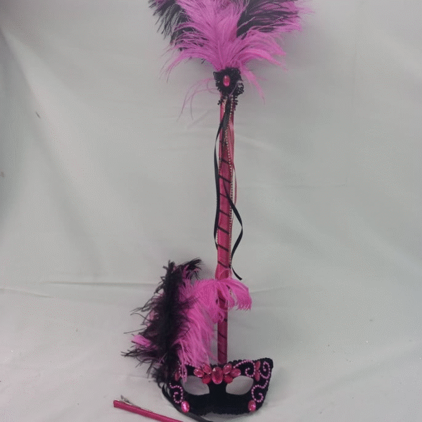 Máscara BELA preta pink haste leque luxo festa - Imagem 2