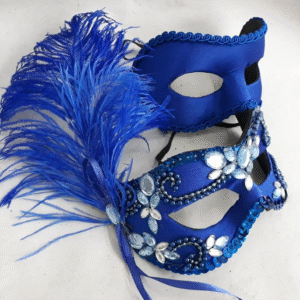 Máscara Casal Amantes Azul Luxo Festa Baile Plumas