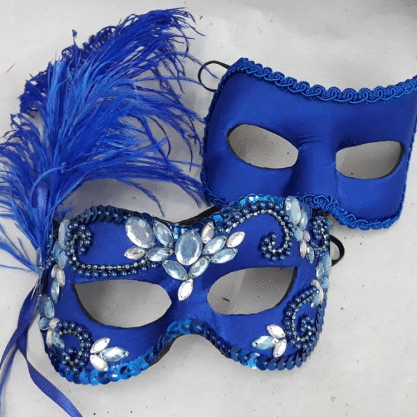 Máscara Casal Amantes Azul Luxo Festa Baile Plumas - Imagem 3