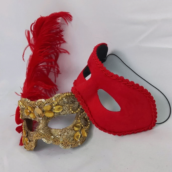 Máscara Casal Romeu Julieta vermelho dourado festa luxo - Imagem 3