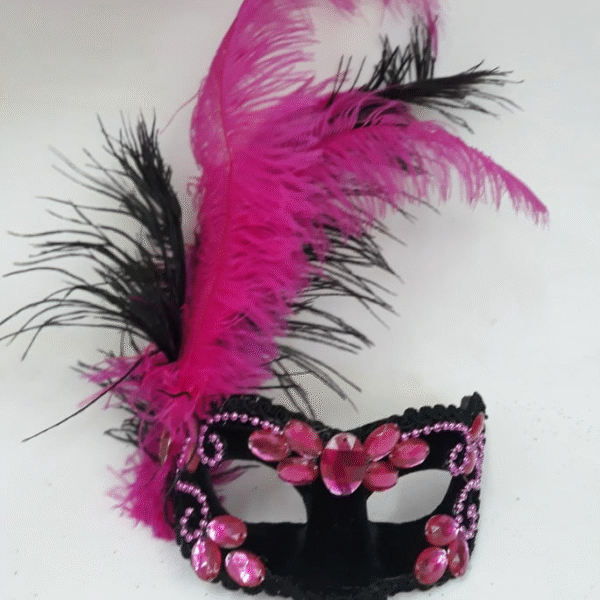 Máscara colombina preta pink festa luxo bordada plumas