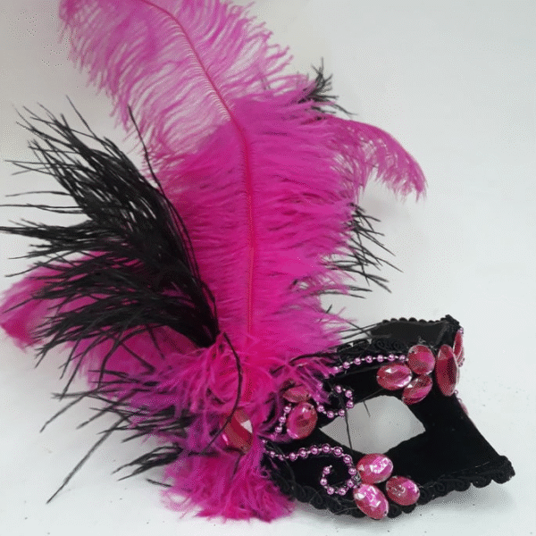 Máscara colombina preta pink festa luxo bordada plumas - Imagem 2