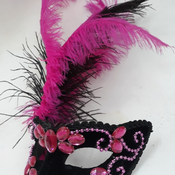 Máscara colombina preta pink festa luxo bordada plumas - Imagem 3
