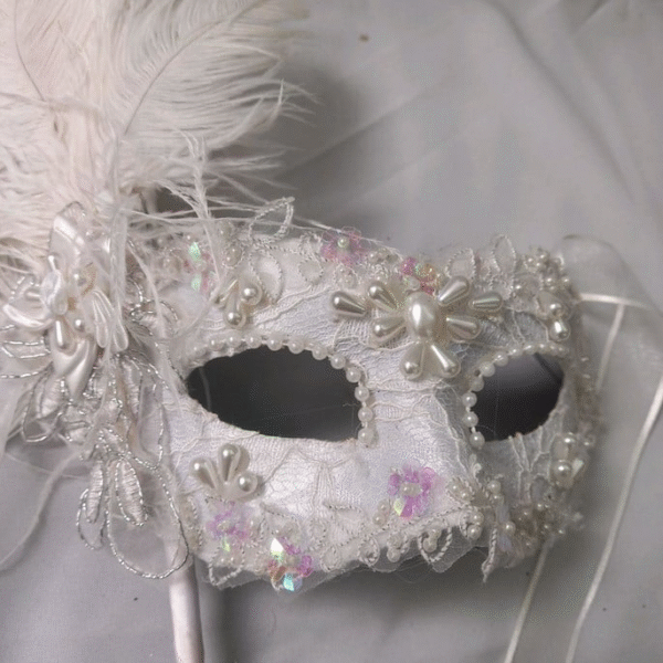 Máscara Colombina Haste Branca Noiva Luxo Festa Veneziana - Imagem 3