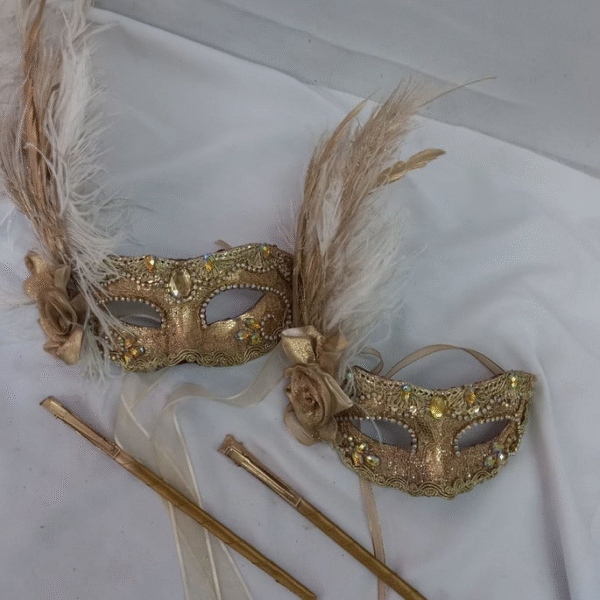 Máscara Colombina mãe e filha com haste luxo festa - Imagem 4
