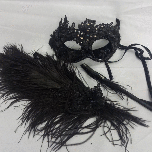 Máscara Colombina Folha Negra com Haste Removível Luxo Festa - Imagem 4