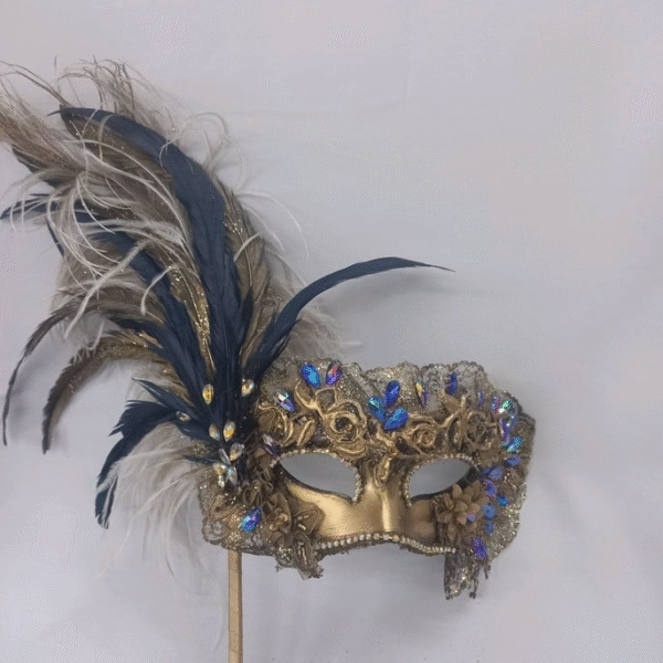 Máscara Colombina Veneziana Luxo Festa Dourada Azul Haste