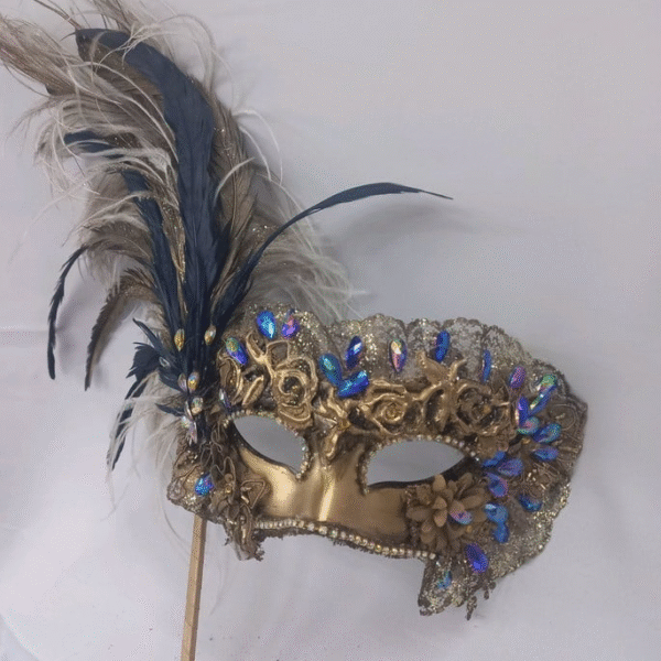Máscara Colombina Veneziana Luxo Festa Dourada Azul Haste - Imagem 2