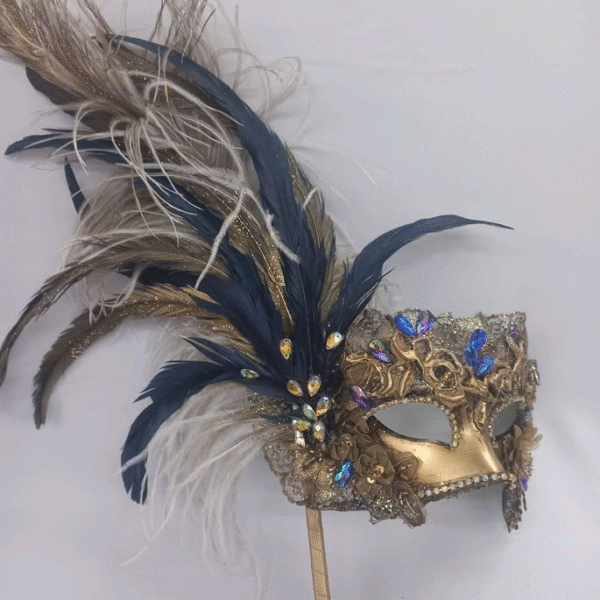 Máscara Colombina Veneziana Luxo Festa Dourada Azul Haste - Imagem 3