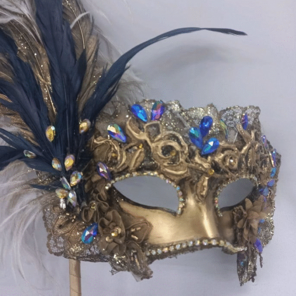 Máscara Colombina Veneziana Luxo Festa Dourada Azul Haste - Imagem 4