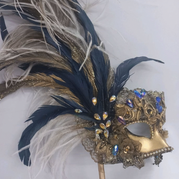 Máscara Colombina Veneziana Luxo Festa Dourada Azul Haste - Imagem 5