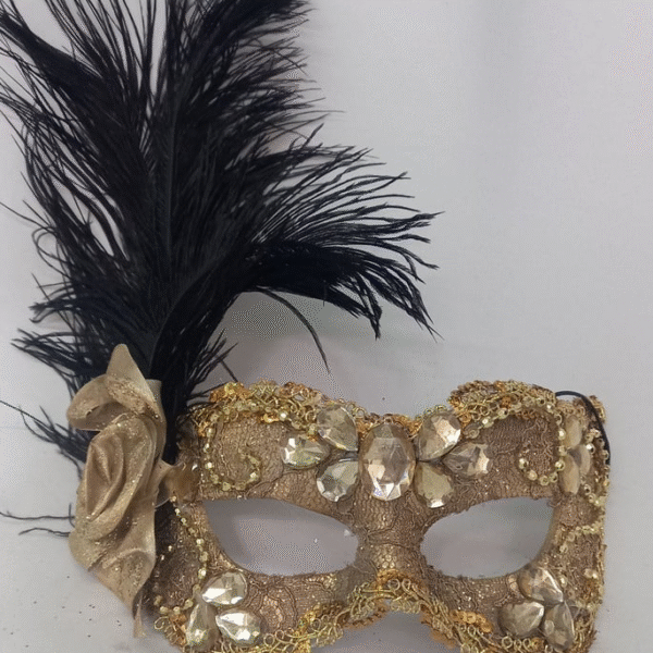 Mascara Dourada Julieta Plumas Preta Festa Luxo