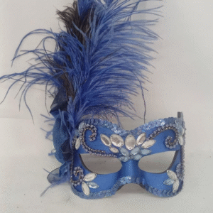 Mascara Julieta Azul Cetim Bordada Plumas Luxo