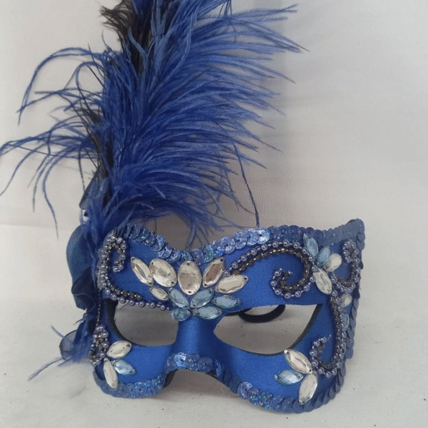 Mascara Julieta Azul Cetim Bordada Plumas Luxo - Imagem 2