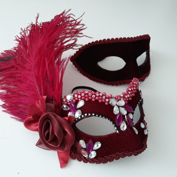 Máscaras Casal Colom Marsala Luxo Festa Baile Pluma - Imagem 3